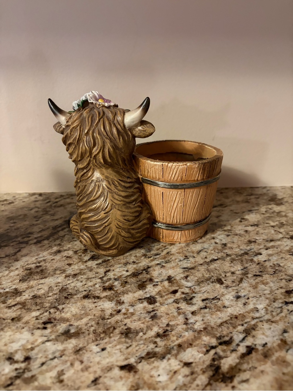 Hobby Lobby Brown Highland Cow Candle Planter with Floral Accents approx 5 1/2” - Picture 3 of 4